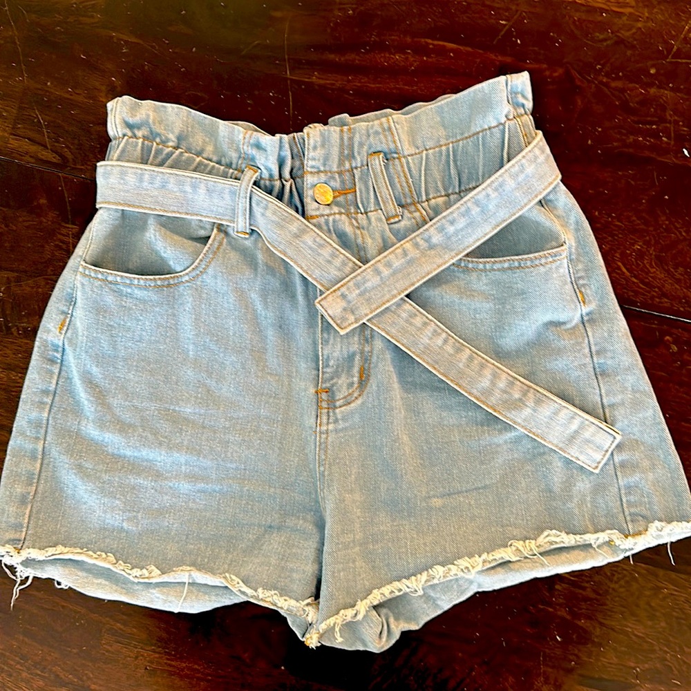 High waisted denim tie cut off shorts